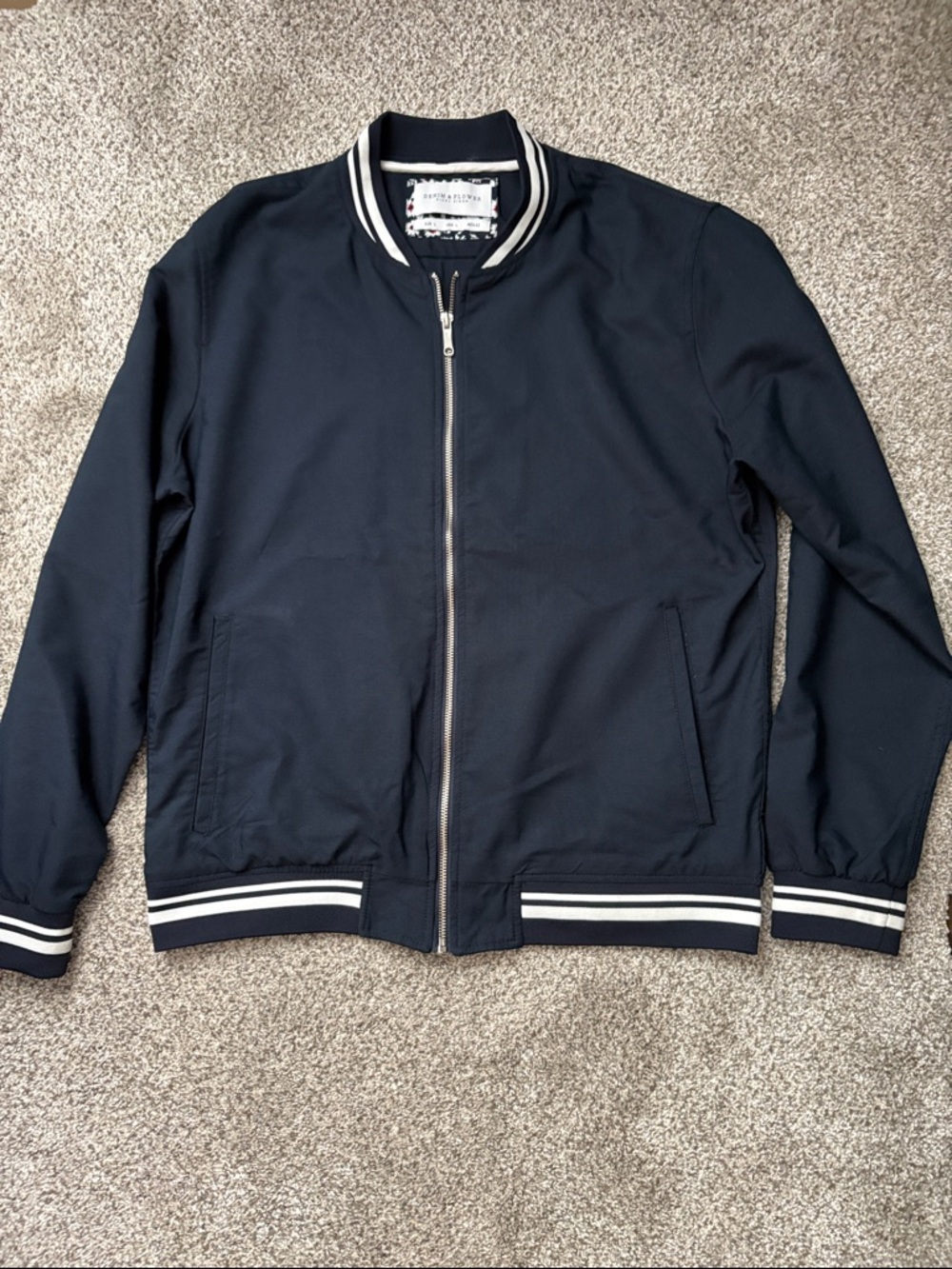 Denim & Flower Men's Navy Bomber Jacket with Striped Trim